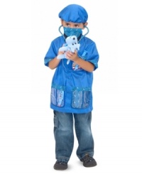 he care of all the toy pets in the house will be in capable hands when your little animal doctor is suited up in a machine-washable blue jacket, mask and surgical cap. The set includes a stethoscope with sound effects, syringe, thermometer, mask, cap, bandage, reusable veterinarian name tag and a little plush puppy patient to doctor and love.