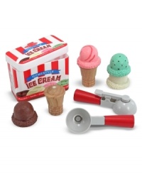 The most attractive ice cream in your child's pretend kitchen or restaurant. Use both of the magnetic scoopers, four scoops of favorite ice cream flavors and wooden cones for hours of positive social interaction and fine motor play.