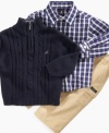 He'll be working that big boy style in this adorable sweater, button down, and khaki set by Nautica.