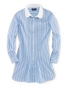 The classic shirtdress is rendered in lightweight cotton poplin and updated with a pretty stripe and pintuck detailing.