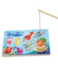 The ultimate catch and release fishing program, this magnetic wooden puzzle game features aquatic animal artwork. Use the magnetic fishing pole to catch the ten, colorful sea friends from the game board. Enjoy the challenge of returning them to the depths! A creative way to encourage eye-hand and fine motor development.