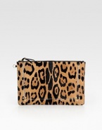 A smooth leather zipper accent is the perfect finishing touch on this ultra-chic compact shape of leopard-printed pony hair. Top zip closure with leather pullCotton lining11½W X 7½H X ½DImported