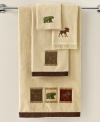 The great outdoors. Taking inspiration from classic lodge motifs, the Eldorado bath towel gives your space a rustic atmosphere with applique bears, moose and deer all in a rich, woodsy color scheme.