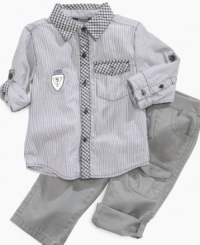 Sharp details give your little dude upscale style with this striped shirt and convertible pant set from Guess.