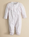 Ruffled at the chest and blushing with allover heart prints, this cozy pima cotton footie from Kissy Kissy cuddles your newborn with comfort and love.