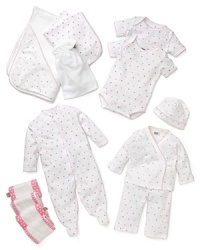 Everything mommy needs for her little girl! Shower her with this large gift basket packed with a star-print blanket, four burp cloths, two short sleeve rompers, a long sleeve romper, a cap, a terry cloth and a terry cloth bag.