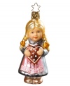 Celebrate the holidays with a favorite fairy-tale character. This Gretel Christmas ornament is specially hand-painted with precision only from Inge-Glas. Mouth-blown in Germany for superior detail and lasting beauty.