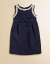 Dainty embroidery and a cinched bow waist make this sleeveless cotton shift a must-have for your little princess.Round necklineSleevelessBack zipperWaistband with bowPleated skirtFully linedCottonMachine washImported