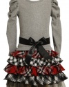 Bonnie Jean Girls 2-6X Knit Bodice To Tiered Plaid Skirt With Satin Sash, Gray, 2T