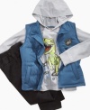 Encourage a look that roars in, this dinosaur hoodie, vest and pants set from Kids Headquarters is a monster style.