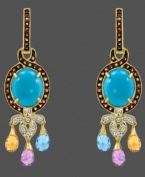 A look of exquisite elegance. Carlo Viani's enchanting earring style highlights an oval-cut turquoise center (5-3/4 mm) that shines with the addition of blue topaz (5/8 ct. t.w.), citrine (5/8 ct. t.w.), and amethyst drops (5/8 ct. t.w.). A scrolling 14k gold setting is accented by round-cut smokey quartz (9/10 ct. t.w.) and white sapphire (1/4 ct. t.w.). Approximate drop: 2 inches.