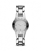 Armani Exchange perfects sleek style with this slim-profile watch. If understated, a logo-engraved bezel and inset crystals lend fashion-forward flair.