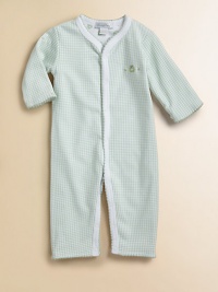 Baby's got two great looks, an allover print on one side and gingham print when reversed. Front snaps to bottom for a quick change Picot trim Cotton; machine wash Imported