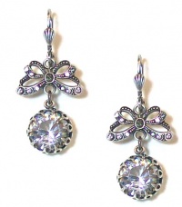 Catherine Popesco Sterling Silver Butterfly and Clear Swarovski Crystal Drop Lace Bezel Set Earrings