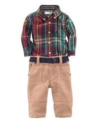 A preppy woven twill pant is paired with a plaid button-down crafted from soft cotton for a timeless heritage look.