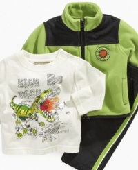 Conjure up the lost world for him in this fun dinosaur shirt, jacket and pant set from Kids Headquarters.