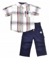 LRG Infant Boys 2Pc White Navy Plaid Shirt Woven & Pant Set (3/6M)