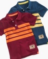 Because your little explorer is always turning up something to surprise you, dress him a striped polo from Greendog Kids with its Prehistoric Explorer patch. (Clearance)