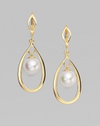 A round pearl dangles from a pretty 18k goldplated teardrop frame. 10mm round white organic man-made pearl 18k goldplated sterling silver Drop, about 1½ Ear wire Imported 