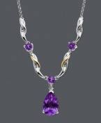 Make a bold statement with a bright wave of color. Startling round and pear-cut amethyst (3-1/4 ct. t.w.) accented with glittering diamond is surrounded by swirls of sterling silver and 14k gold. Approximate length: 14 inches. Approximate drop: 3/4 inch.