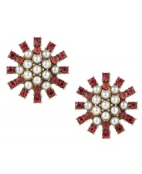 A pretty sunburst of color from Betsey Johnson. These stud earrings are pure stunners with clusters of glass pearls at the center, surrounded by fuchsia-colored crystal accents. Crafted in antiqued gold tone mixed metal. Approximate drop 3/4 inch.