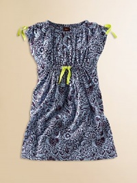 Sun-printed with a flurry of sea flowers, this cheery frock with neon ties is ready for fun in the sun.Round necklineShort sleevesPullover styleGathered waist with neon tiesCottonMachine washImported