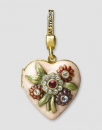 A beautifully detailed new heirloom locket is handcrafted in brass-plated pewter and embellished with sparkling Swarovski crystals. 5% of the retail price of each piece sold will be donated to support the work of the Breast Cancer Research Foundation. Hand-polished and -enameled 1 X 1 Made in USA