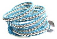 Women's Silver Bead Taos Turquoise Blue Genuine Leather & Silver Bead Wrap Bracelet, 39 Extra Long 5x Wrap Bracelet