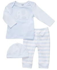 Keep him calm and cozy even when it's a zoo in this cute elephant shirt, striped pants and beanie 3-piece set from Carter's.