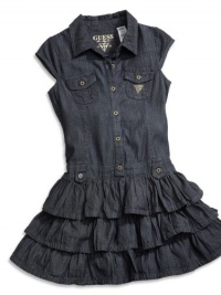 GUESS Kids Girls Big Girl Denim Flounce Dress, DARK STONE WASH (14)