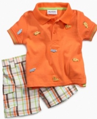 Time for an adventure! Get him ready to trek through his day in style and comfort with this cute safari polo shirt and short set from Blueberi Boulevard.