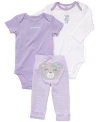 Dressing her for the day will be easy and fun with this 3-piece bodysuits and pant set from Carter's.