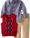 Izod Kids Boys 2-7 Three Piece Set with Argyle Sweater Vest, Rooster Red, 3T