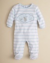 A classic footie for little boys with blue and white stripes and a charming bear motif at chest.