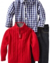 Nautica Sportswear Kids Baby-Boys Infant 3 Piece 1/4 Zip Long Sleeve Woven Shirt And Denim Pant Sweater Set, Cherry, 24 Months