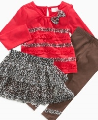 Your fierce little fashionista will love the ruffles and leopard print on this shirt, skirt and leggings set from Nannette.