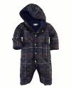 Baby keeps warm from head to toe in a cozy hooded bunting, rendered in sleek diamond-quilted microfiber and lined in soft-to-the-touch winter fleece.