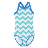 Chez Ami by Patsy Aiken Designs Girls Swim Team Tank Suit Aqua/Blue/White Zig Zag Print UPF 50+ - Size 14