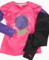 Keep her happy in this comfortable and cute faux-layered shirt and pant set from Puma.