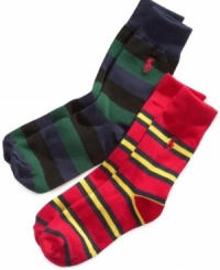 He can add a wild touch of style to his look with these striped socks from Ralph Lauren under his cuffs.