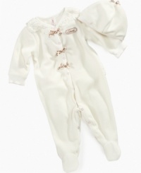 Adorably sweet coverall set by Guess with bow ornaments and matching beanie.