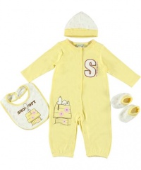 Peanuts Snoopy Taking It Easy Girls Newborn 4 Piece Coverall Rompers Set