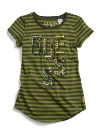 GUESS Kids Girls Striped GUESS Kids Girls Logo Tee, DUSTY GREEN (7/8)