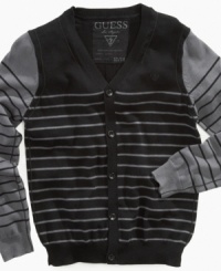 He can button up this colorblock cardigan from Guess and keep himself warm when it gets cool out.