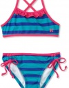 Hurley Girls 2-6X Minnow Stripe Sport Bra and Tunnel Swimwear, Teal, 6x