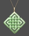 Perfect your look with the final piece of the puzzle. This beautifully-carved jade pendant (35 mm) adds uniqueness with its intricate cut-out pattern and vibrant, green hue. Setting and chain crafted from 14k gold. Approximate length: 18 inches. Approximate drop: 1-7/10 inches.