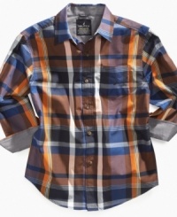 Give him a look that highlights his crisp style with this sharp plaid shirt from Nautica.