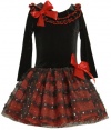 Size-6 BNJ-4148 RED BLACK Stretch Velvet To Glittered and Sequined Ruffles Skirt Special Occasion Holiday Party Dress,X34148 Bonnie Jean LITTLE GIRLS