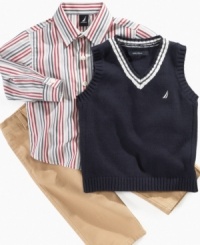 Dress him up in handsome preppy style with this sweater vest, button down shirt and khaki set from Nautica.