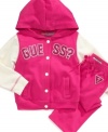 Add some sparkle to her every move wit this glam-goes-active hoodie and pant set from Guess.